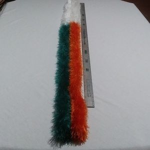 Handmade Scarf. Funfur. Green, orange & white. 108"x4"